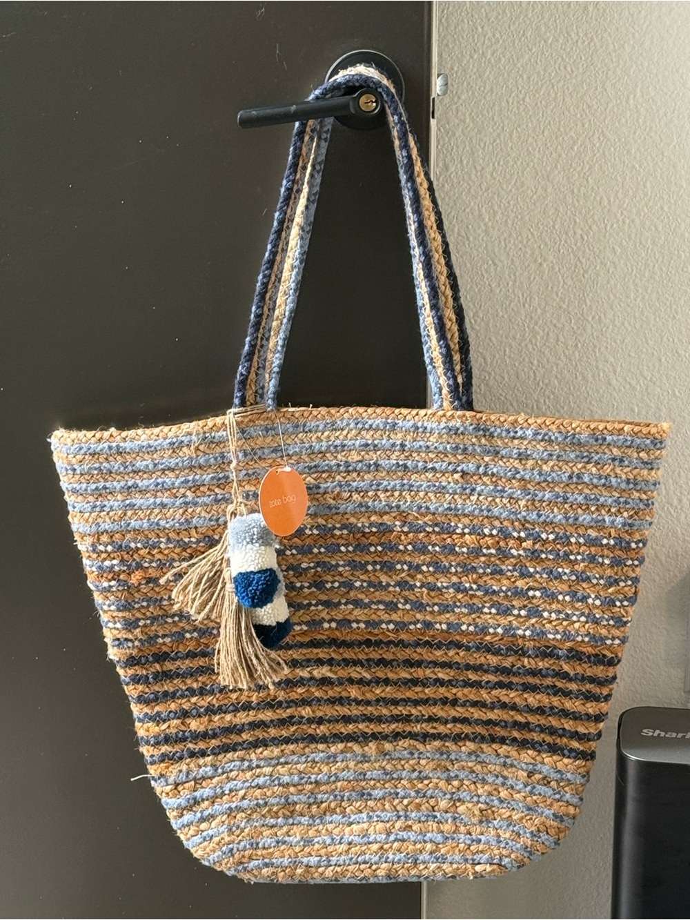 Striped Blue & Tan Woven Straw Tote Bag by